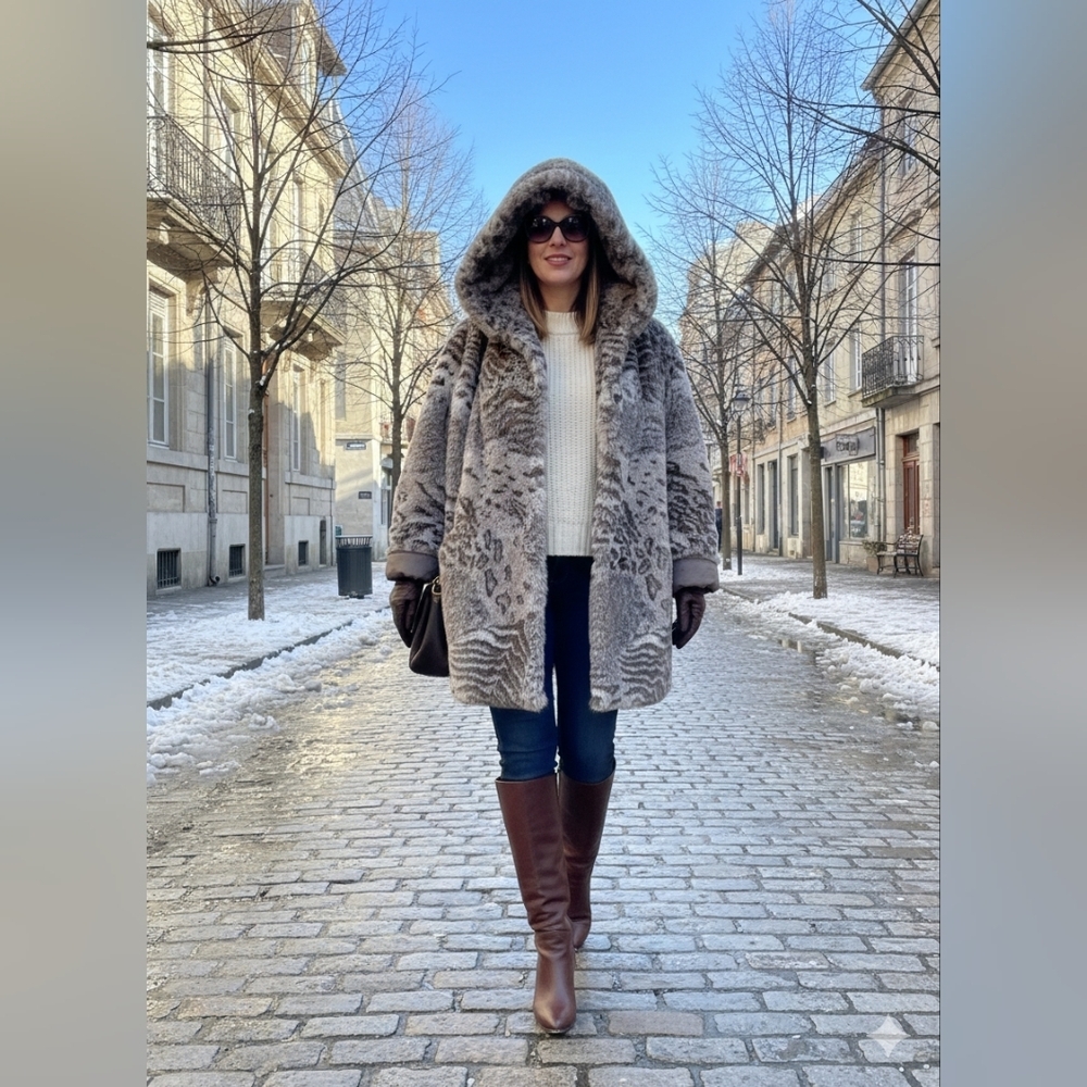 Vintage Style Faux Fur Leopard Print Reversible Hooded Jacket | Size XL (est)